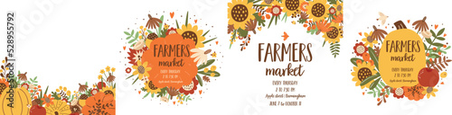 Harvest Festival posters set. Autumn fest banner collection. Cute pumpkin, sunflower fall leaves. Autumn harvest market invitation collection. Vector illustration. Local food poster design.