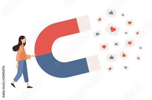 Social media influencer. Blogger with big magnet influencing audiences. Key Opinion Leader. KOL. SMM. Vector flat illustration 
