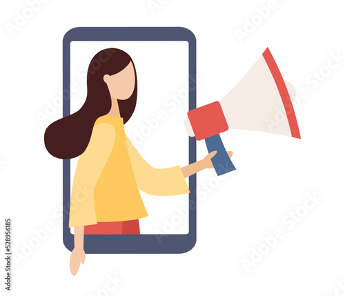 Social media influencer. Blogger with megaphone on smartphone screen. Key Opinion Leader. KOL. SMM concept. Vector flat illustration 
