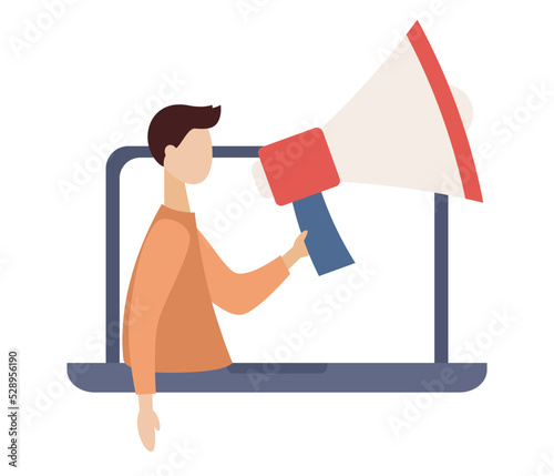 Social media influencer. Blogger with megaphone on laptop screen. Key Opinion Leader. KOL. SMM concept. Vector flat illustration 
