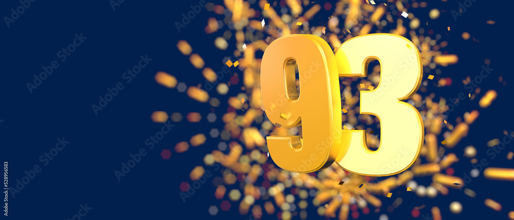 Gold number 93 in the foreground with gold confetti falling and fireworks behind out of focus Gold number 93 in the foreground with gold confetti falling and fireworks behind out of focus