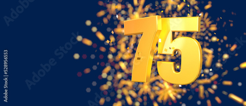 Gold number 75 in the foreground with gold confetti falling and fireworks behind out of focus