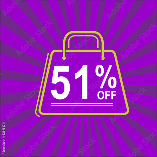 51% off. Purple, white and yellow banner with fifty one percent discount. Shopping bag concept.