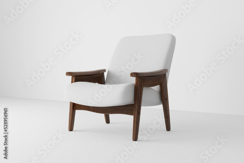 Vintage wooden armchair with white upholstery on white background 3d render.