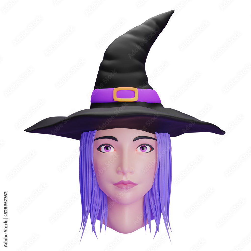 beauty witch head with hat 3d illustration for halloween