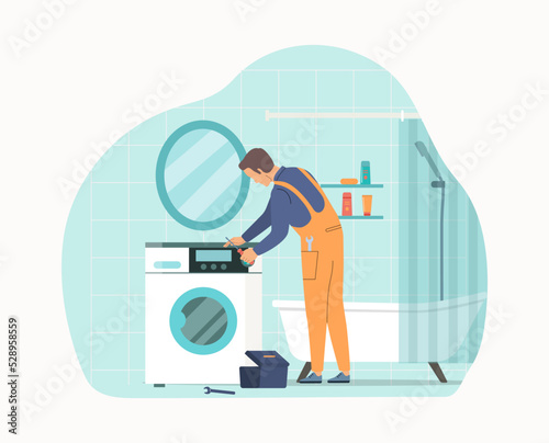 Worker repairing washing machine in bathroom. Vector illustration.