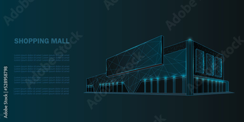 Shopping mall or supermarket modern building in low poly wireframe style with lights