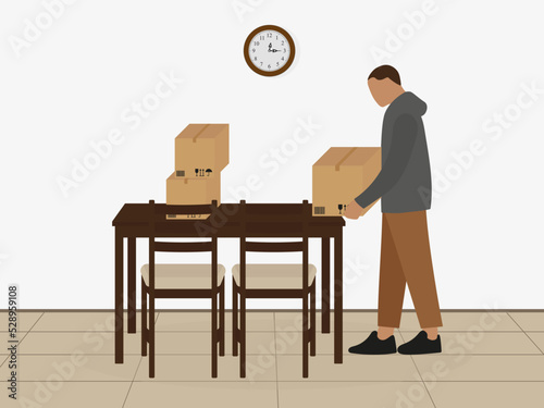Male character putting cardboard boxes on indoors