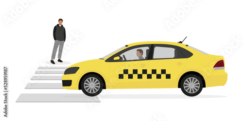 A taxi with a driver is driving, and a male character is standing near a pedestrian crossing on a white background