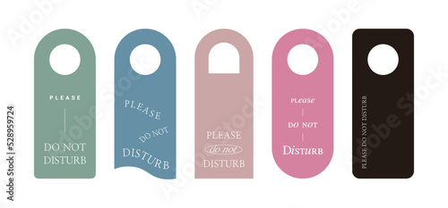 A set of request, warning, reminder, attention tag frame illustrations with the phrase 'Do Not Disturb' hanging on a door handle in a hotel room.