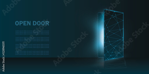 Open door in low poly wireframe style modern vector illustration with dots, lines and lights.