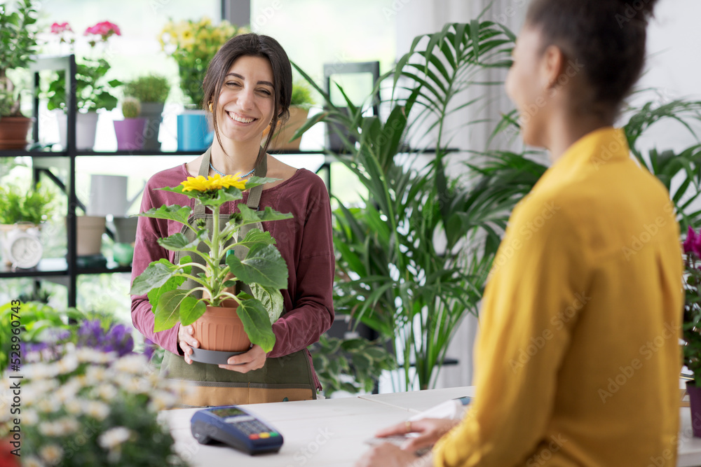 Woman buying a plant at the flower shop Woman buying a plant at the flower shop