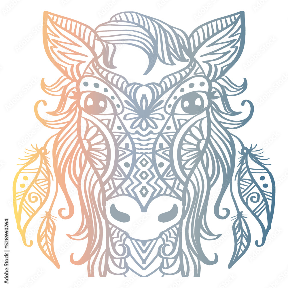 Fototapeta premium Horse with Indian feathers hand drawing illustration.