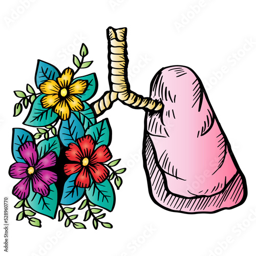 Lungs with flowers hand drawing illustration. Concept design of healthy lungs people