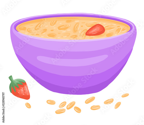 Tasty oat bowl with strawberry in cartoon style