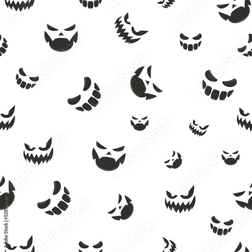 Pumpkins and creepy faces. Vector Halloween seamless patterns collection in orange, black and white colors. Best for textile, print, wrapping paper, and festive decoration. Pumpkin background. 
