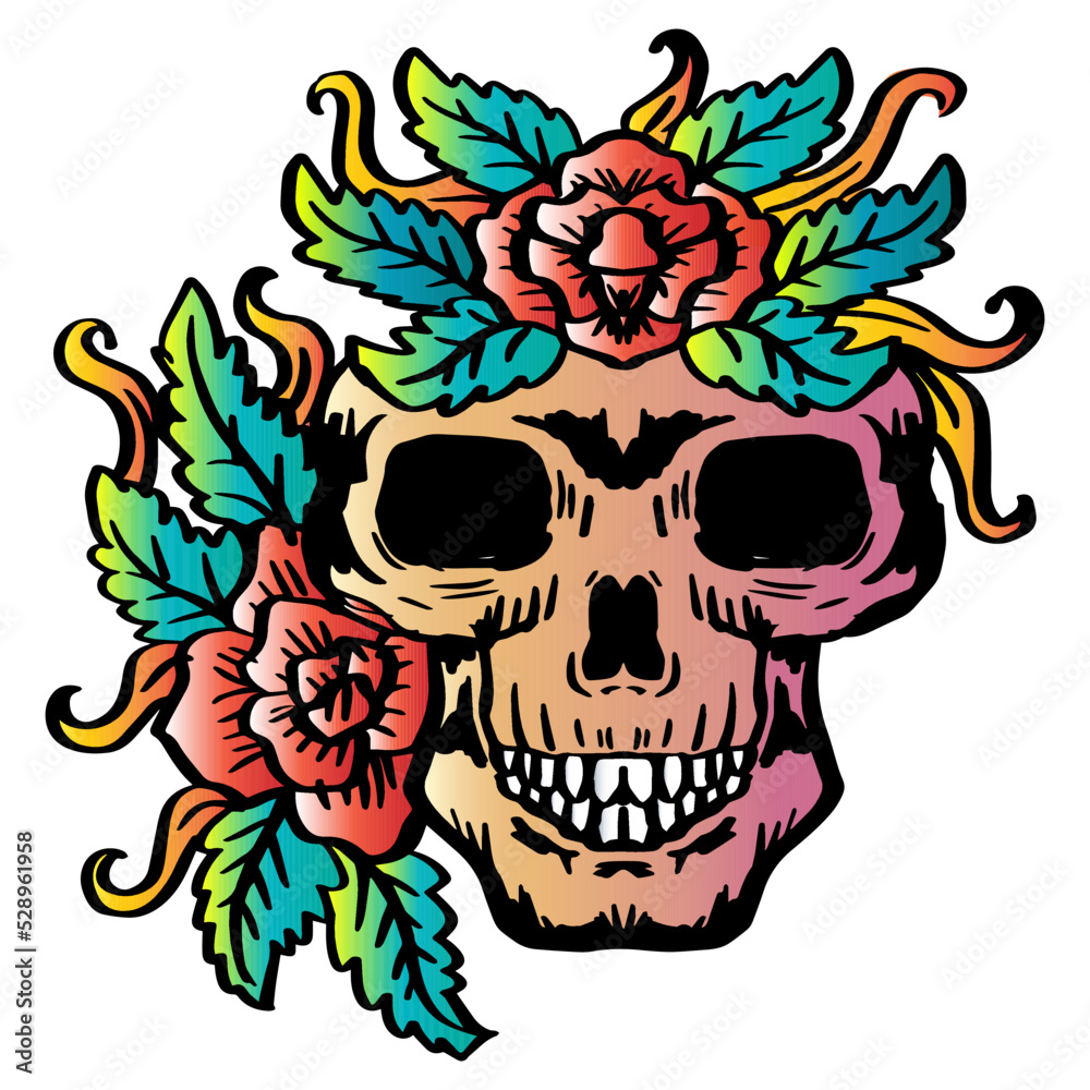 Human skull with roses. Hand drawing illustration. Human skull with roses. Hand drawing illustration.