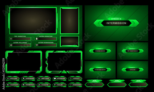twitch Stream Facecam OBS Template Green Game Modern overlay design Pack.