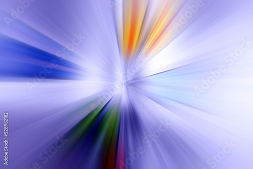 Abstract surface of radial blur zoom in lilac, green and yellow tones. Delicate lilac background with radial, diverging, converging lines. 