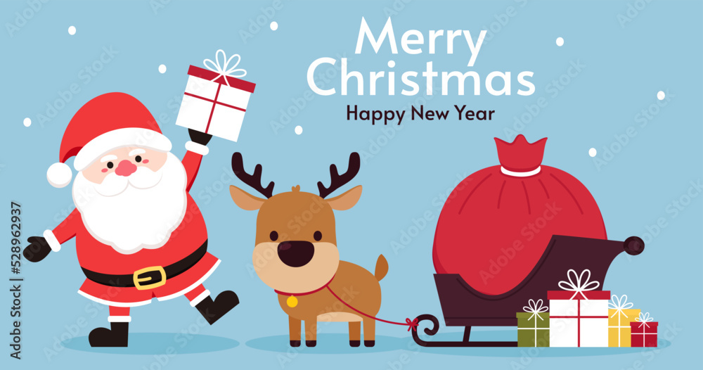 Merry Christmas and happy new year greeting card with cute Santa Claus, deer, gifts. Holiday cartoon character in winter season. Merry Christmas and happy new year greeting card with cute Santa Claus, deer, gifts. Holiday cartoon character in winter season.