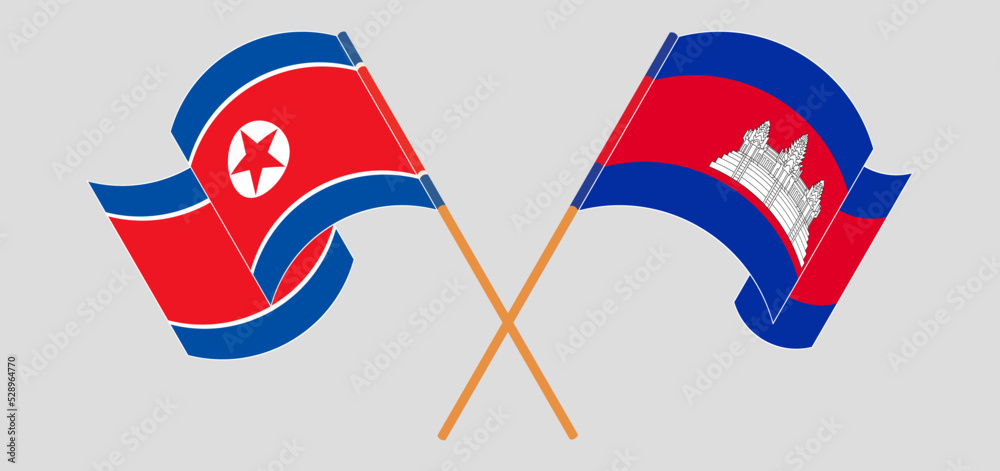 Crossed flags of North Korea and Cambodia. Official colors. Correct proportion