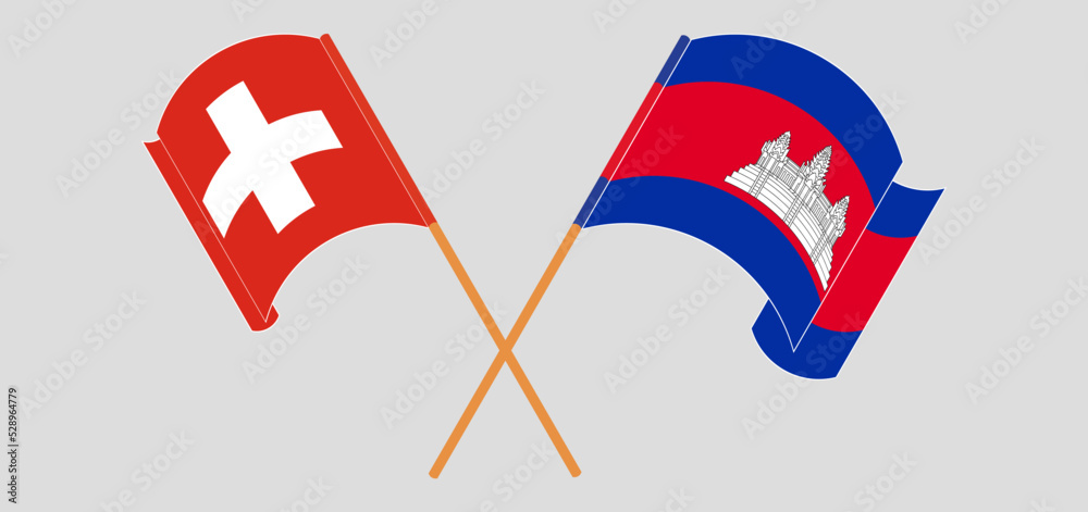 Crossed flags of Switzerland and Cambodia. Official colors. Correct proportion