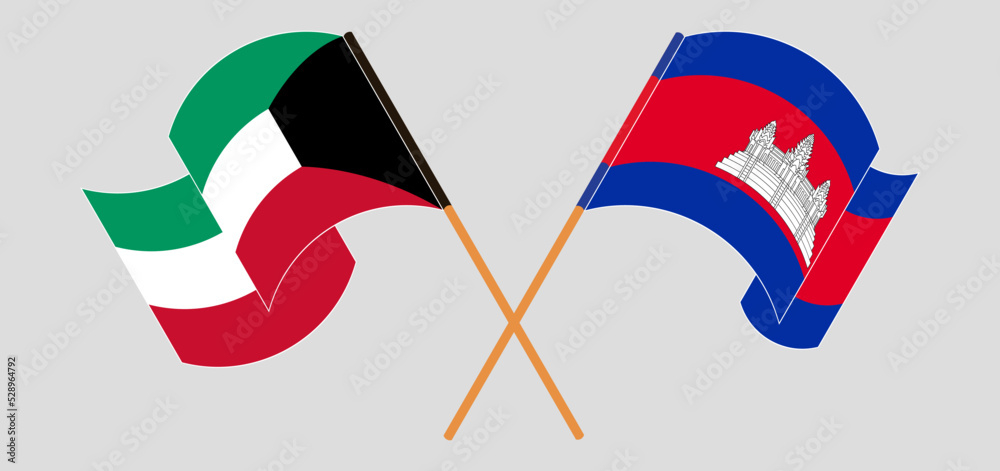 Crossed flags of Kuwait and Cambodia. Official colors. Correct proportion