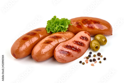 Fried sausages, isolated on white background.