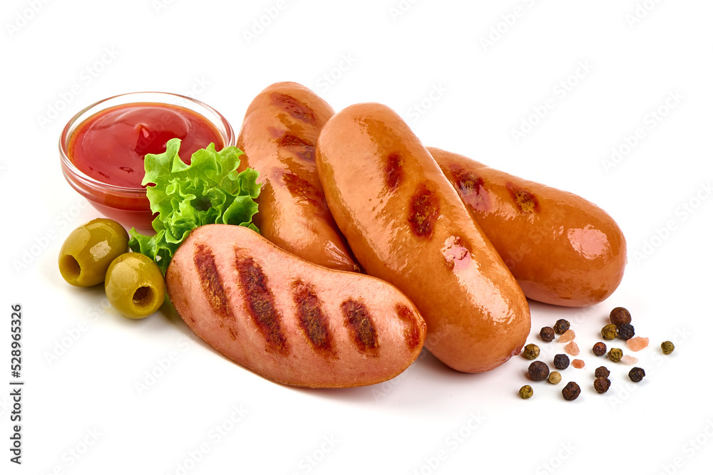 Grilled sausages, barbecue dishes, isolated on white background. Grilled sausages, barbecue dishes, isolated on white background.
