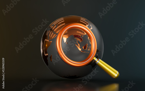 globe sign with magnify glass on dark background 3d render concept for searching place