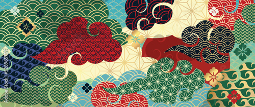 Luxury gold oriental background vector. Chinese and Japanese oriental line art with cloud, flowers, wind, sky, Japanese pattern. Elegant landscape illustration design for wall art, wallpaper.
