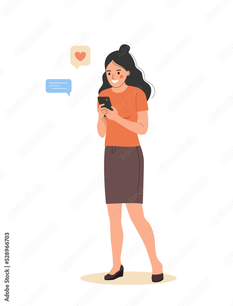 Young woman looks into the smartphone. Woman stands full height. Vector flat style illustration Young woman looks into the smartphone. Woman stands full height. Vector flat style illustration
