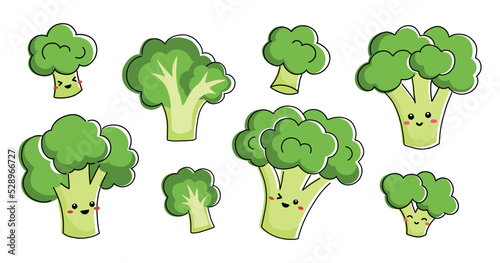 Collection of broccoli characters. Kawaii broccoli, cute veggie mascot. Vector cartoon illustration