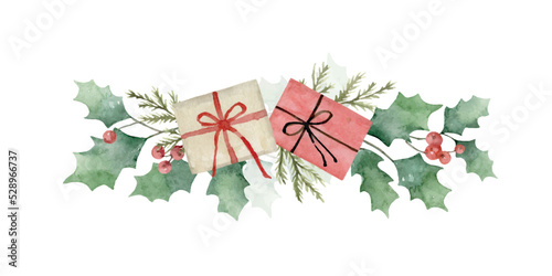 Watercolor vector Christmas wreath with green fir branches and gifts..