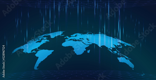 World map, Blue background with technology graphic