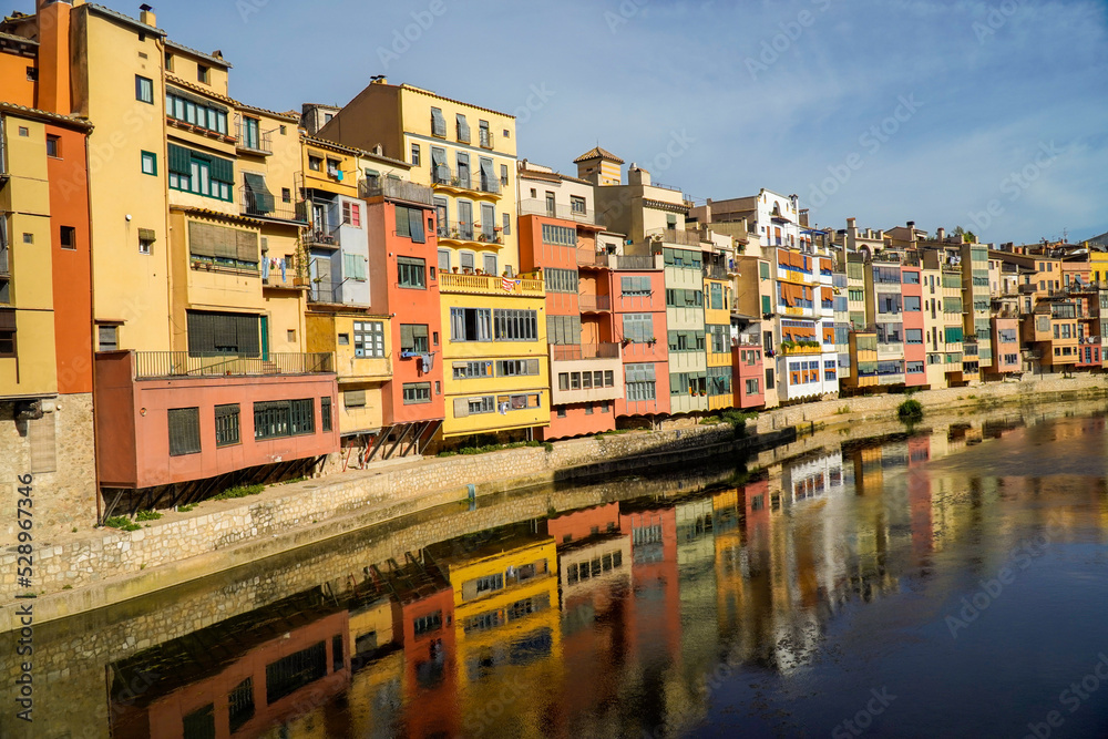 Colorful houses of the city of Girona in Catalonia, Spain. Near the river.