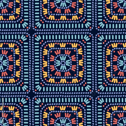 Granny Square Crochet. Multicolored Knitted Squares Seamless Pattern. Crochet Cozy Blanket. Old Fashioned Colorful Background Great for Plaids and Pillows. Knitting Vector illustration