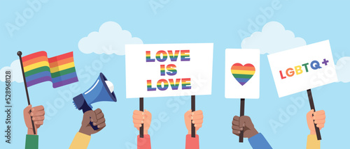 People hold megaphone, posters and flag with lgbt rainbow. Lgbt crowd protest. People protesting against homophobic concept. Vector stock