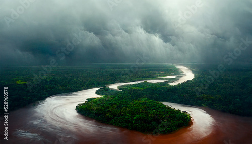Amazon river rain forest cloudy sky green trees view photo