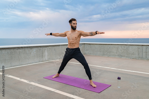 attractive hansome man with athletic strong body doing morning yoga asana outdoors © mary_markevich