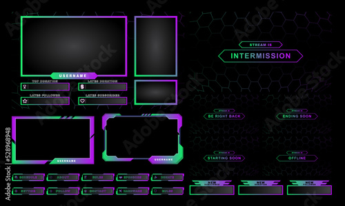 twitch Stream Facecam OBS Template Green Purple Game overlay design Pack.