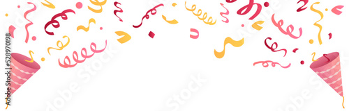 Confetti and ribbon promotions and events illustration. Party, ribbon, firecracker, event. Vector illustration.