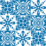 Spanish Azulejo tiles for interior decoration, textiles and design. Vector illustration blue white color square shape