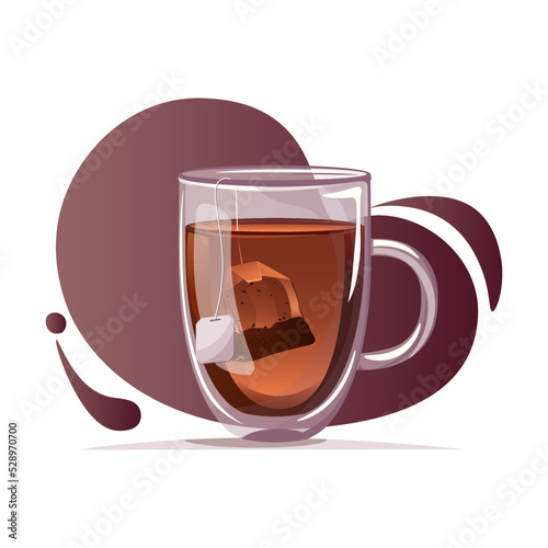 Vector illustration of glass mug with double bottom with teabag and black tea on dark gradient background. Tea party concept for banner, website, social media, app, flyer and stickers