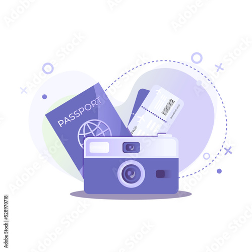 Vintage photo camera with passport and airline ticket or boarding pass on on abstract background. Travel, summer holidays, booking, planning a vacation and tourism concept.