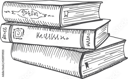 Hardcovers stack sketch. Fiction novel books symbol photo