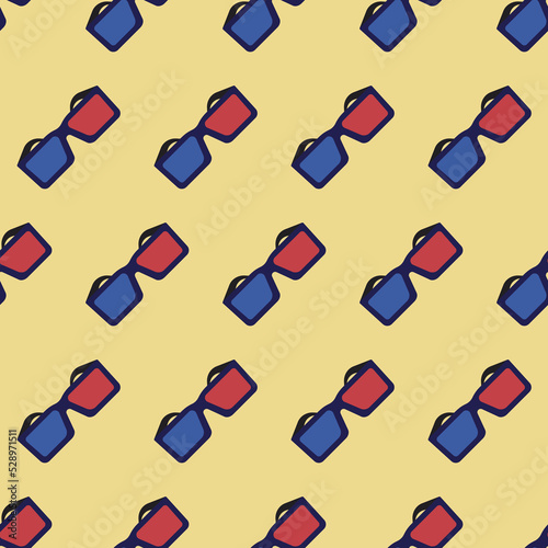 Hipster 3d anaglyph red and blue cinema glass icon. Flat retro seamless pattern, cover illustration.