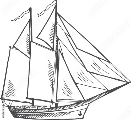 Fototapete Sailing ship engraving. Hand drawn brigantine icon