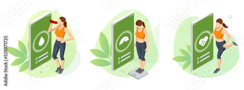 Isometric Healthy food and Diet planning for woman . Health monitoring application on the screen, Healthy eating, personal diet or nutrition plan from dieting expert