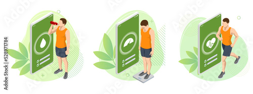 Isometric Healthy food and Diet planning for man . Health monitoring application on the screen, Healthy eating, personal diet or nutrition plan from dieting expert